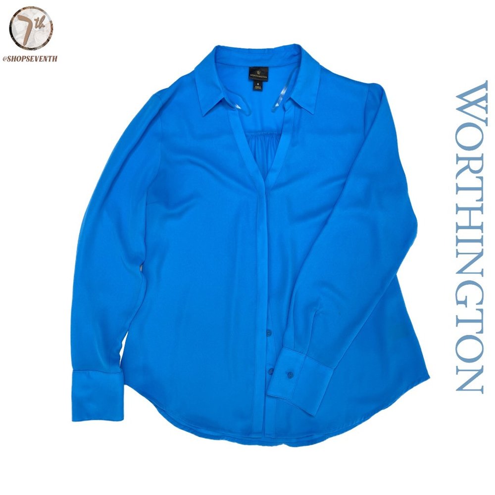 (40% OFF) Worthington Blue Long Sleeve V-Neck Buttondown Modern Chiffon Blouse